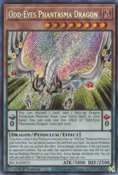 A Secret Rare "Odd-Eyes Phantasma Dragon" card from the Yugioh Set: Battles of Legend: Crystal Revenge.