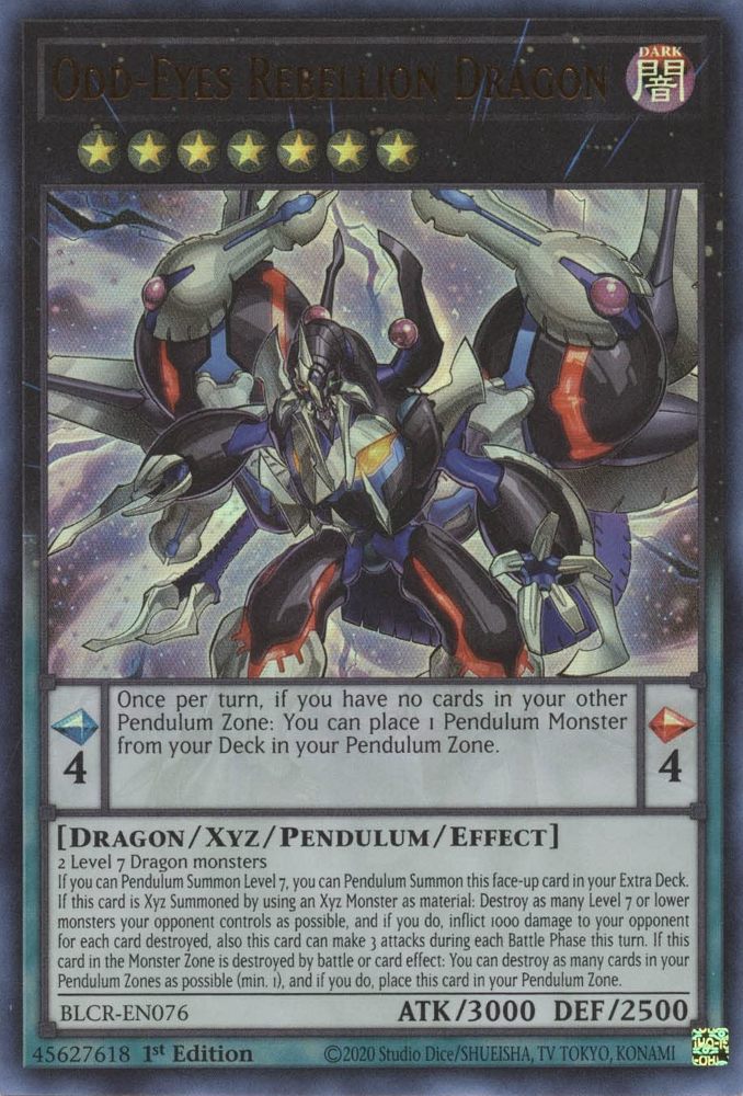 An Ultra Rare "Odd-Eyes Rebellion Dragon" card from the Yugioh Set: Battles of Legend: Crystal Revenge.