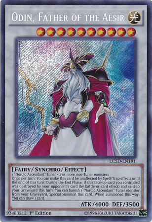 A Secret Rare "Odin, Father of the Aesir" card from the Yugioh Set: Legendary Collection 5D's.