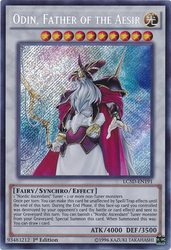 A Secret Rare "Odin, Father of the Aesir" card from the Yugioh Set: Legendary Collection 5D's.
