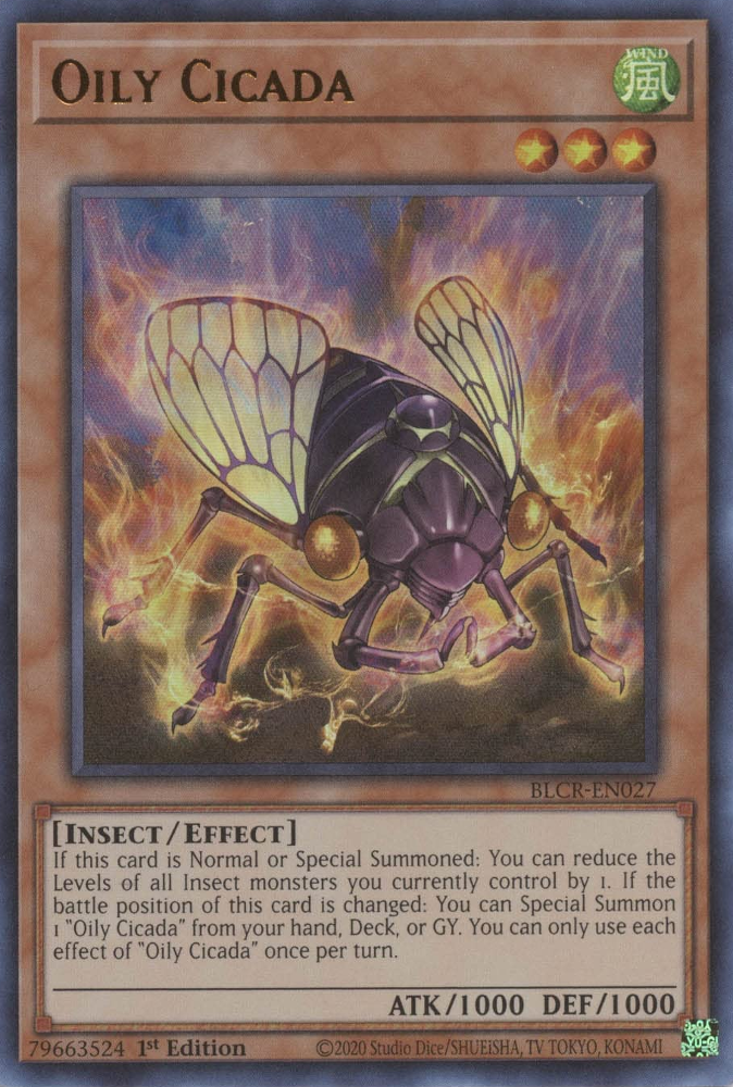 An Ultra Rare "Oily Cicada" card from the Yugioh Set: Battles of Legend: Crystal Revenge.