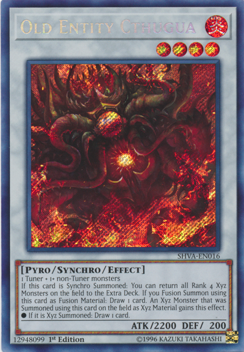 A Secret Rare "Old Entity Cthugua" card from the Yugioh Set: Shadows in Valhalla (SHVA).