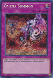 A Secret Rare "Omega Summon" card from the Yugioh Set: Fusion Enforcers (FUEN).