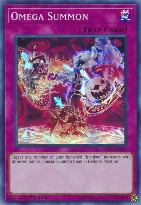 A Super Rare "Omega Summon" card from the Yugioh Set: Shadows in Valhalla (SHVA).