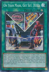 A Super Rare "On Your Mark, Get Set, Duel!" card from the Yugioh Set: Maze of Memories (MAZE).