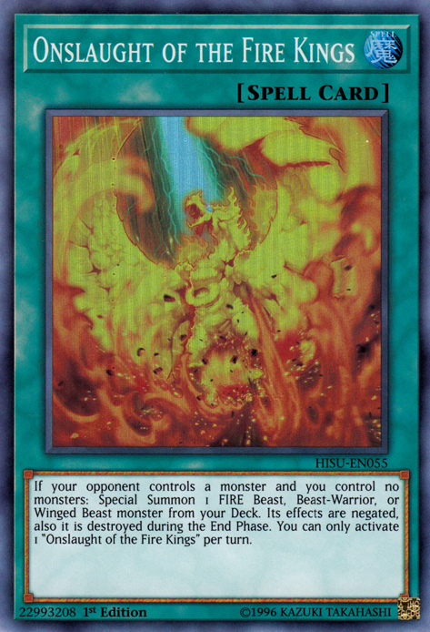 A Super Rare "Onslaught of the Fire Kings" card from the Yugioh Set: The Hidden Summoners (HISU).