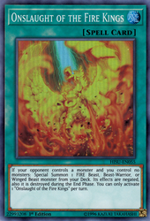 A Super Rare "Onslaught of the Fire Kings" card from the Yugioh Set: The Hidden Summoners (HISU).