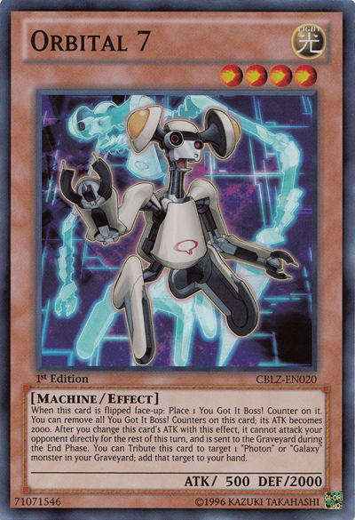 A Super Rare "Orbital 7" card from the Yugioh Set: Cosmo Blazer (CBLZ).
