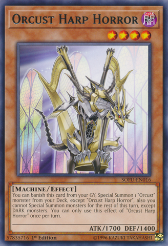 A Rare "Orcust Harp Horror" card from the Yugioh Set: Soul Fusion.