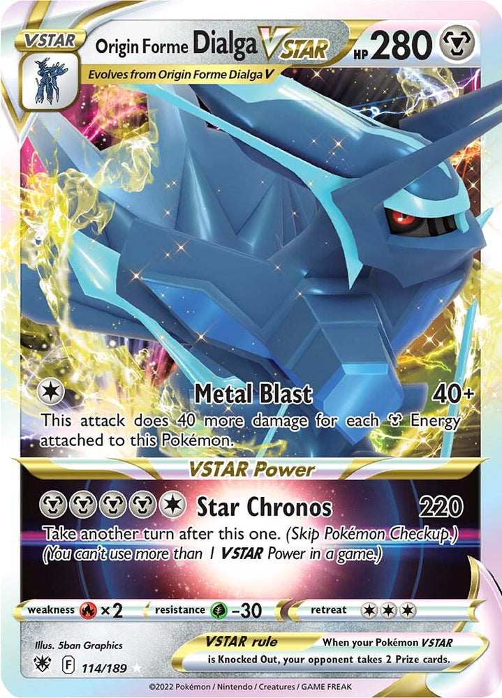 An Ultra Rare "Origin Forme Dialga Vstar" (114/189) card from the Pokemon Set: Astral Radiance.