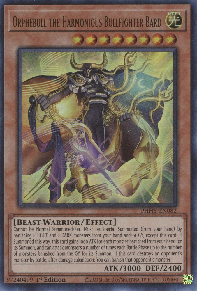An Ultra Rare "Orphebull the Harmonious Bullfighter Bard" card from the Yugioh Set: Photon Hypernova (PHHY).