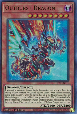  An Ultra Rare "Outburst Dragon" card from the Yugioh Set: Ghosts From the Past: The 2nd Haunting (GFP2).