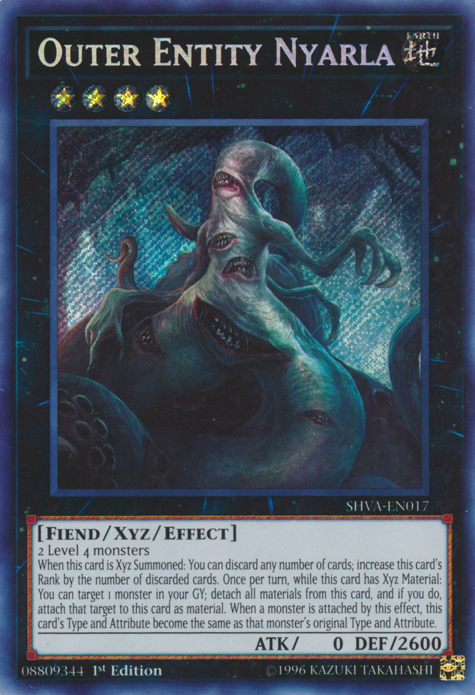 A Secret Rare "Outer Entity Nyarla" card from the Yugioh Set: Shadows in Valhalla (SHVA).