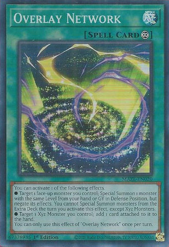 A Super Rare "Overlay Network" card from the Yugioh Set: Maze of Memories.