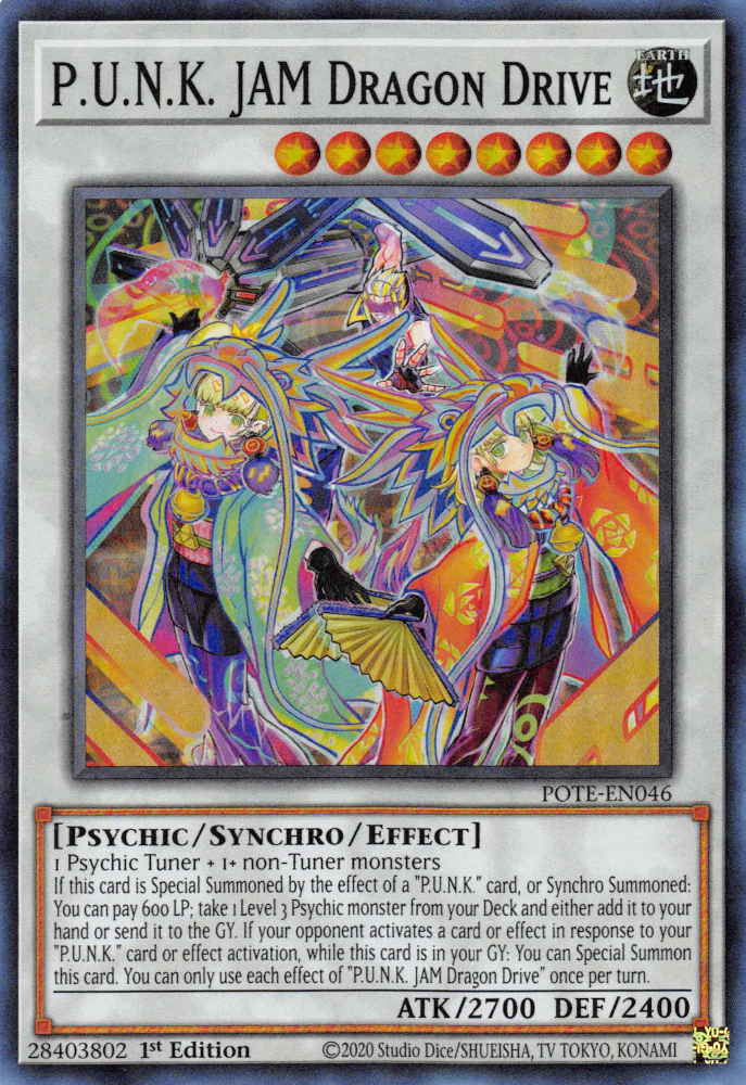 A Super Rare "P.U.N.K. Jam Dragon Drive" card from the Yugioh Set: Power of the Elements (POTE).