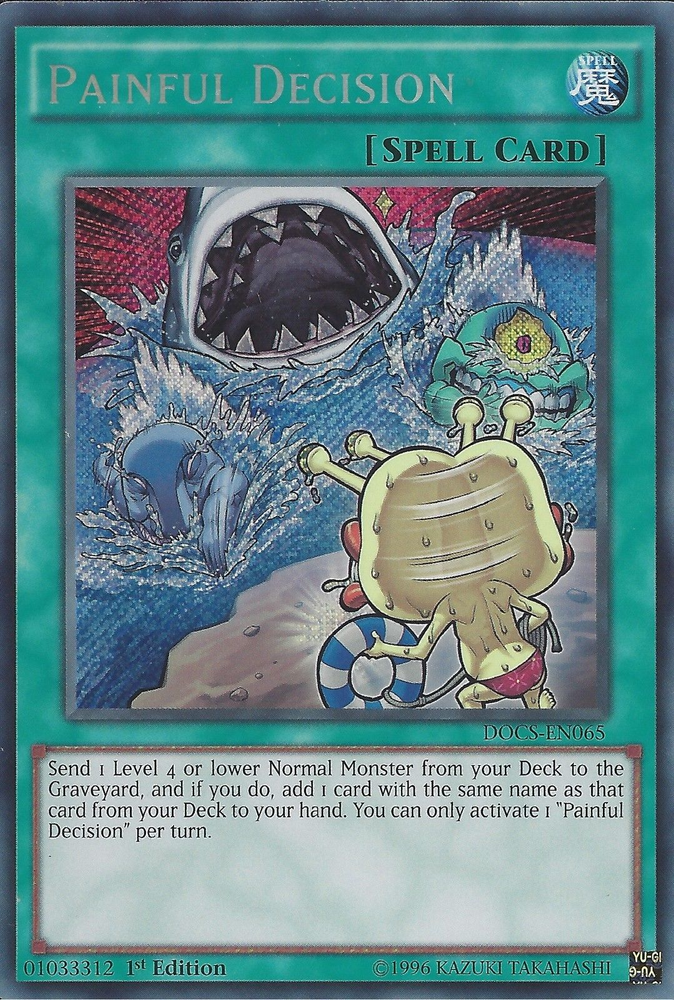 A Secret Rare "Painful Decision" card from the Yugioh Set: Dimension of Chaos.