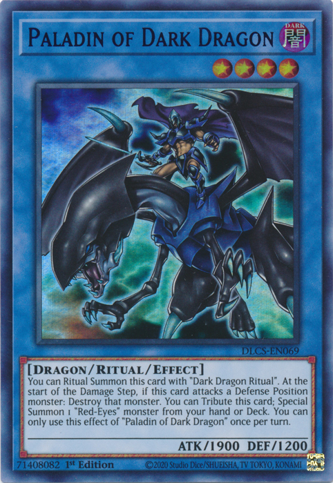 An Ultra Rare Blue "Paladin of Dark Dragon" card from the Yugioh Set: Dragons of Legend: The Complete Series (DLCS).