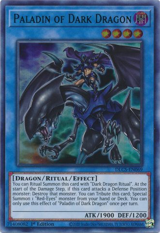 An Ultra Rare Green "Paladin of Dark Dragon" card from the Yugioh Set: Dragons of Legend: The Complete Series (DLCS).