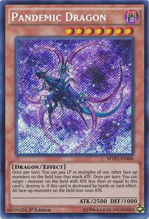 A Secret Rare "Pandemic Dragon" card from the Yugioh Set: The Dark Side of Dimensions: Movie Pack.