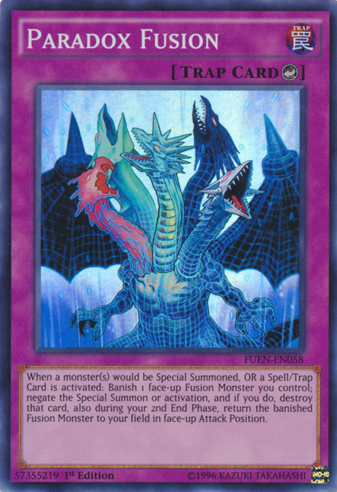 A Super Rare "Paradox Fusion" card from the Yugioh Set: Fusion Enforcers (FUEN).