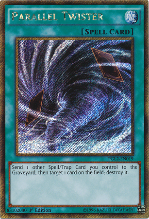 A Gold Secret Rare "Parallel Twister" card from the Yugioh Set: Premium Gold: Return of the Bling (PGL2).