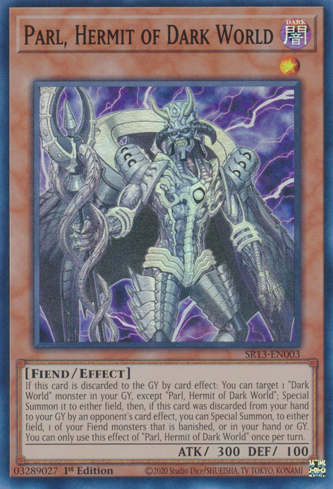 A Super Rare "Parl, Hermit of Dark World" card from the Yugioh Structure Deck: Dark World (SR13).
