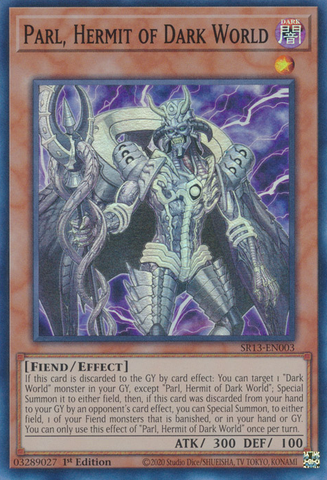 A Super Rare "Parl, Hermit of Dark World" card from the Yugioh Structure Deck: Dark World (SR13).