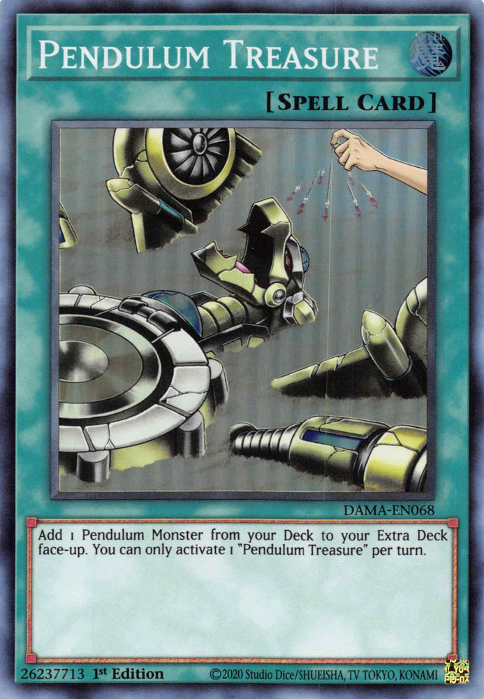 A Super Rare "Pendulum Treasure" card from the Yugioh Set: Dawn of Majesty (DAMA).