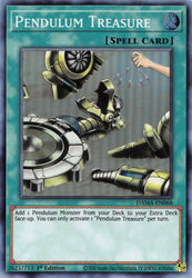 A Super Rare "Pendulum Treasure" card from the Yugioh Set: Dawn of Majesty (DAMA).
