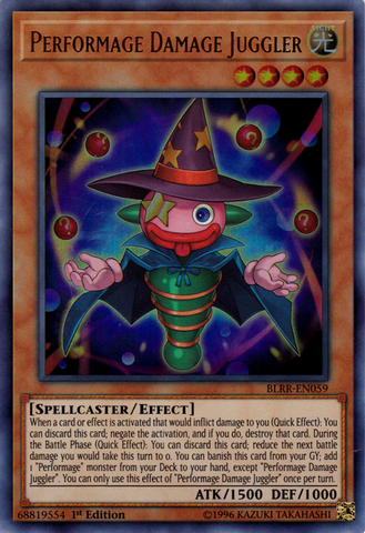 An Ultra Rare "Performage Damage Juggler" card from the Yugioh Set: Battles of Legend: Relentless Revenge (BLRR). 