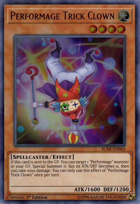 An Ultra Rare "Performage Trick Clown" card from the Yugioh Set: Battles of Legend: Relentless Revenge (BLRR). 