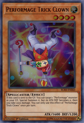 An Ultra Rare "Performage Trick Clown" card from the Yugioh Set: Battles of Legend: Relentless Revenge (BLRR). 