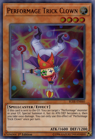 An Ultra Rare "Performage Trick Clown" card from the Yugioh Set: Battles of Legend: Relentless Revenge (BLRR). 