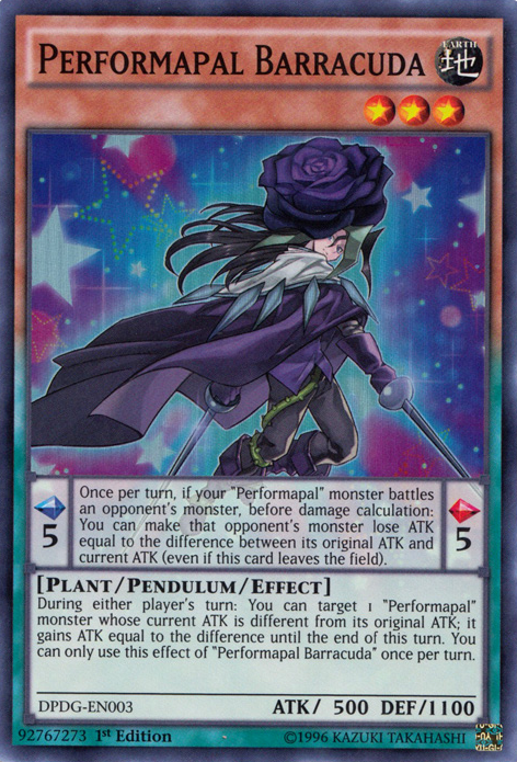 A Super Rare "Performapal Barracuda" card from the Yugioh Set: Duelist Pack: Dimensional Guardians (DPDG).