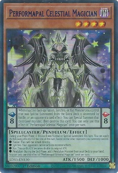 An Ultra Rare Blue "Performapal Celestial Magician" card from the Yugioh Set: Legendary Duelists: Season 3 (LDS3).