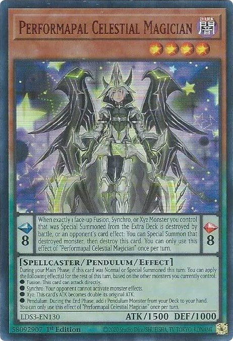 An Ultra Rare Red "Performapal Celestial Magician" card from the Yugioh Set: Legendary Duelists: Season 3 (LDS3).