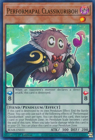 An Ultra Rare "Performapal Classikuriboh" card from the Yugioh Set: Battles of Legend: Monstrous Revenge (BLMR).