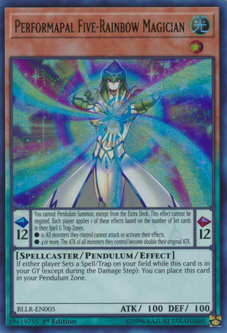 An Ultra Rare "Performapal Five-Rainbow Magician" card from the Yugioh Set: Battles of Legend: Light's Revenge (BLLR).