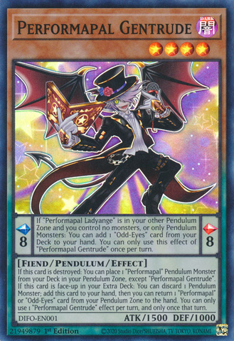  A Super Rare "Performapal Gentrude" card from the Yugioh Set: Dimension Force.