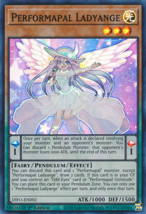  A Super Rare "Performapal Ladyange" card from the Yugioh Set: Dimension Force.