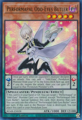 An Ultra Rare "Performapal Odd-Eyes Butler" card from the Yugioh Set: Battles of Legend: Monstrous Revenge (BLMR).