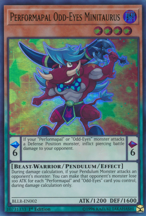 An Ultra Rare "Performapal Odd-Eyes Minitaurus" card from the Yugioh Set: Battles of Legend: Light's Revenge (BLLR).