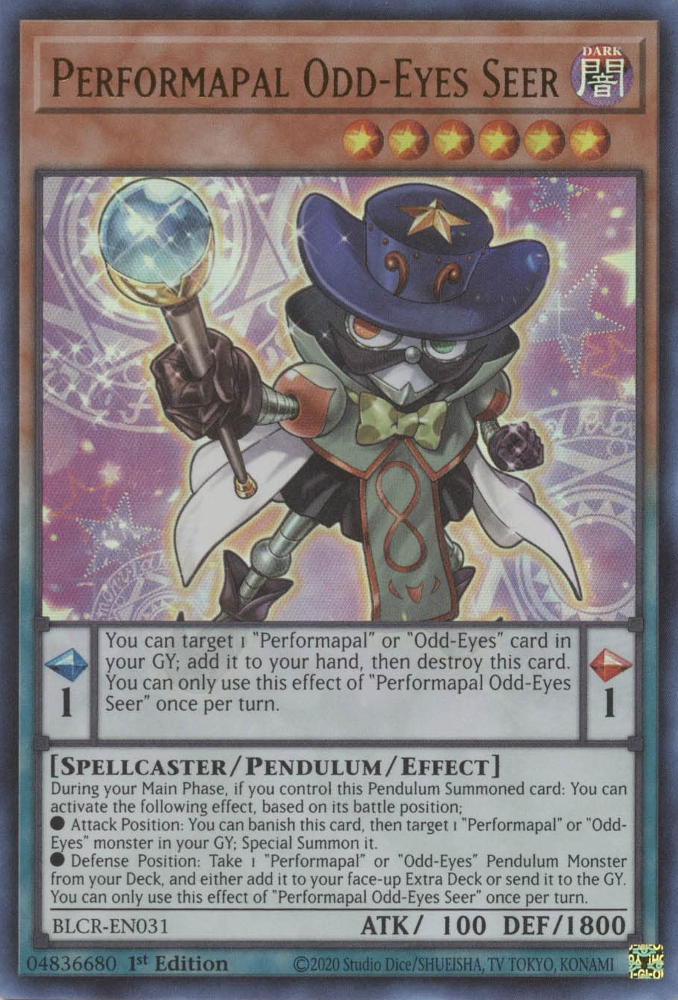 An Ultra Rare "Performapal Odd-Eyes Seer" card from the Yugioh Set: Battles of Legend: Crystal Revenge (BLCR).