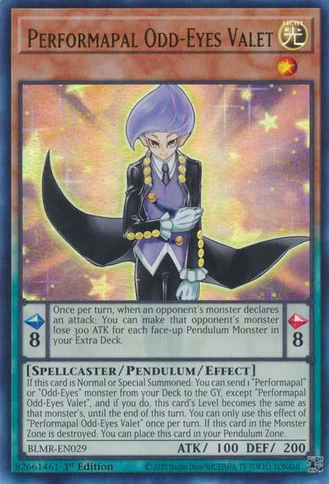 An Ultra Rare "Performapal Odd-Eyes Valet" card from the Yugioh Set: Battles of Legend: Monstrous Revenge (BLMR).