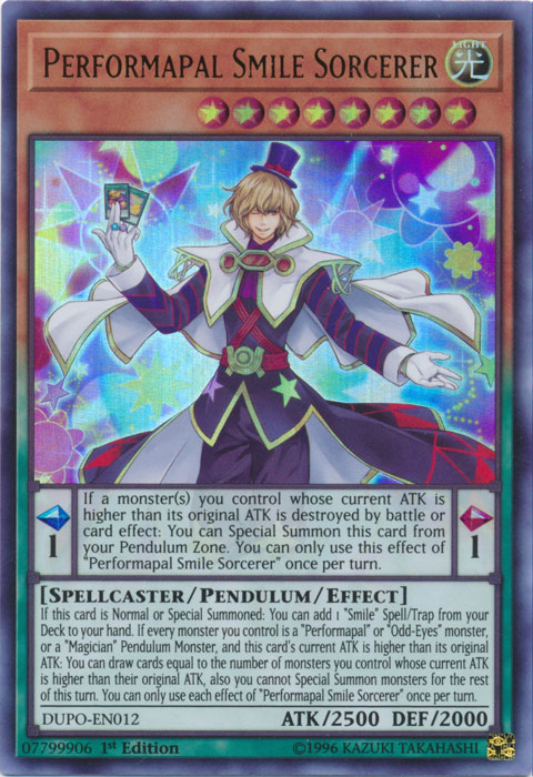 An Ultra Rare "Performapal Smile Sorcerer" card from the Yugioh Set: Duel Power (DUPO).