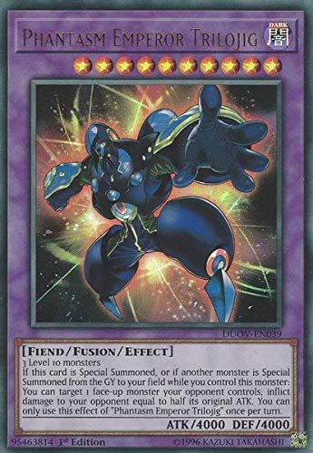 An Ultra Rare "Phantasm Emperor Trilojig" card from the Yugioh Set: Duel Overload (DUOV).