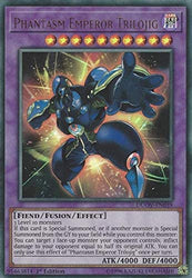 An Ultra Rare "Phantasm Emperor Trilojig" card from the Yugioh Set: Duel Overload (DUOV).