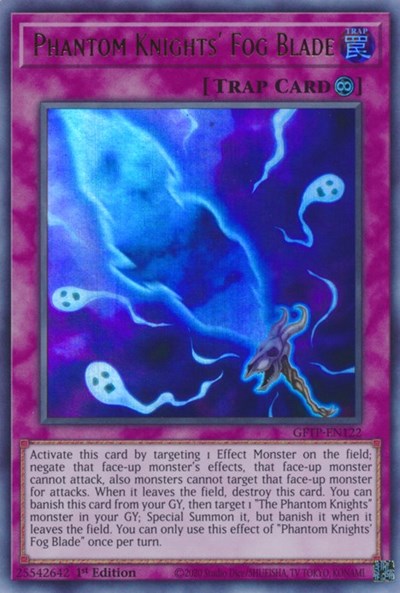 An Ultra Rare "Phantom Knights' Fog Blade" card from the Yugioh Set: Ghosts From the Past (GFTP).