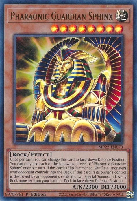 An Ultra Rare "Pharaonic Guardian Sphinx" card from the Yugioh 2022 Tin of the Pharaoh's Gods Set (MP22).