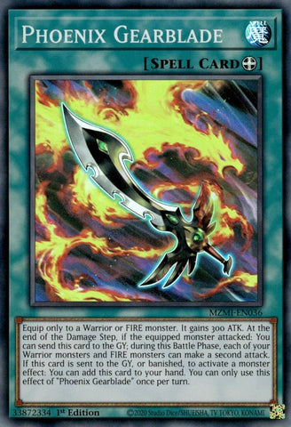 A Super Rare "Phoenix Gearblade" card from the Yugioh Set: Maze of Millennia.